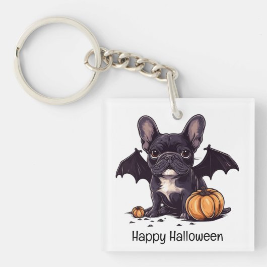 Happy Halloween Franse Bulldog Bat Wings Pumpkins Sleutelhanger (Voorkant)