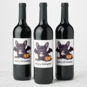 Happy Halloween Franse Bulldog Bat Wings Pumpkins Wijn Etiket (Flessen)