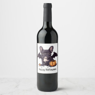 Happy Halloween Franse Bulldog Bat Wings Pumpkins Wijn Etiket