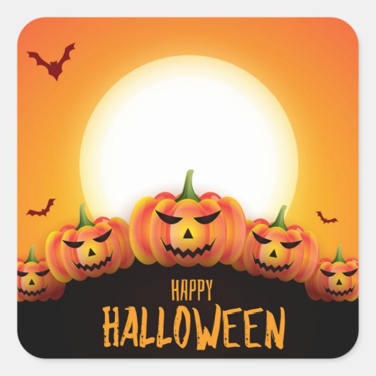 Happy Halloween (Full Moon and Pumpkins) Vierkante Sticker (Voorkant)