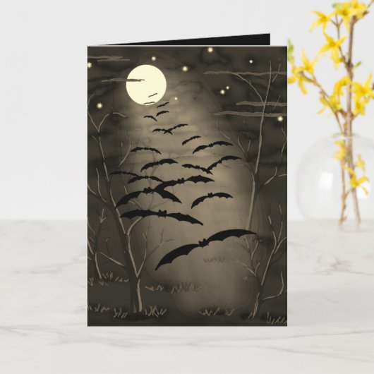 Happy Halloween Full Yellow Moon Bats  Kaart (Gele Bloem)