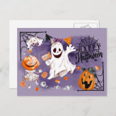 Happy Halloween. Fun Ghost, Jack O'Lantern Briefkaart (Voorkant / Achterkant)
