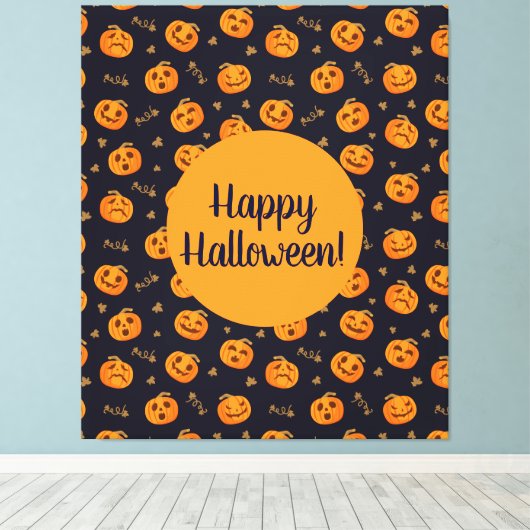 Happy Halloween Funny Cute Pumpkins Pattern Canvas Afdruk (Insitu (Houten vloer))