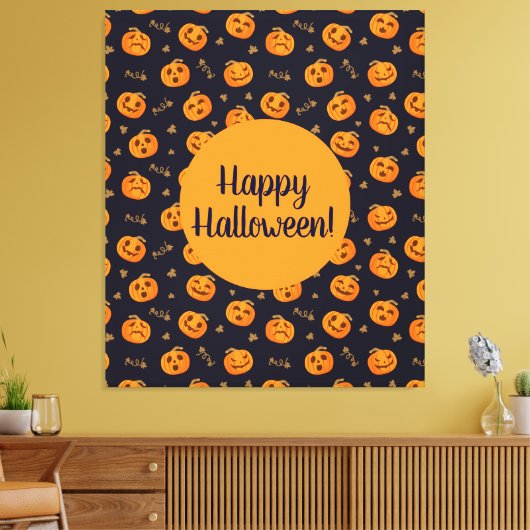 Happy Halloween Funny Cute Pumpkins Pattern Canvas Afdruk (Insitu (Woonkamer))