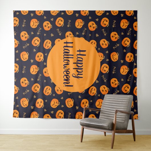 Happy Halloween Funny Cute Pumpkins Pattern Wandkleed (In Situ (horizontaal))