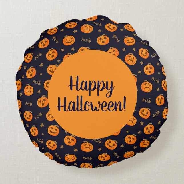 Happy Halloween Funny Oranje Pumpkins Pattern Rond Kussen (Achterkant)