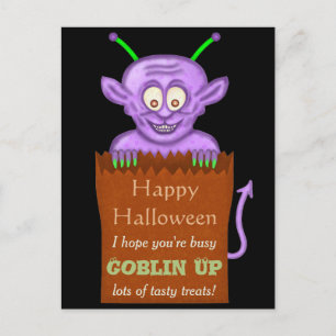 Happy Halloween Funny Paarse Goblin Pun Feestdagenkaart