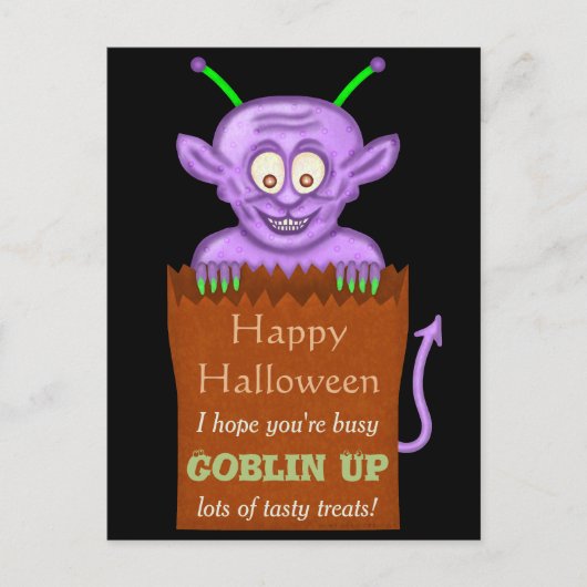 Happy Halloween Funny Paarse Goblin Pun Feestdagenkaart (Voorkant)