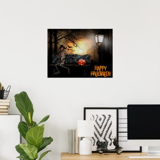 Happy Halloween Funny Spooky Skeleton op de Bench Poster (Thuiskantoor)
