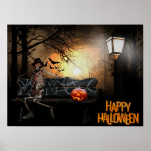 Happy Halloween Funny Spooky Skeleton op de Bench Poster