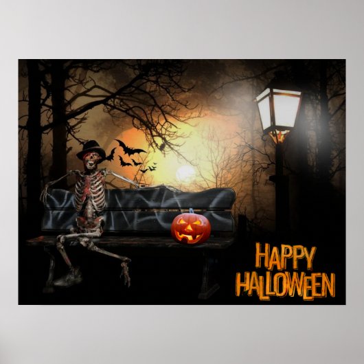 Happy Halloween Funny Spooky Skeleton op de Bench Poster (Voorkant)