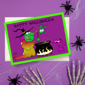 Happy Halloween Funny Witch en Paarse kat Kaart