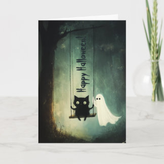 Happy Halloween Ghost & Cat on Swing Bedankkaart