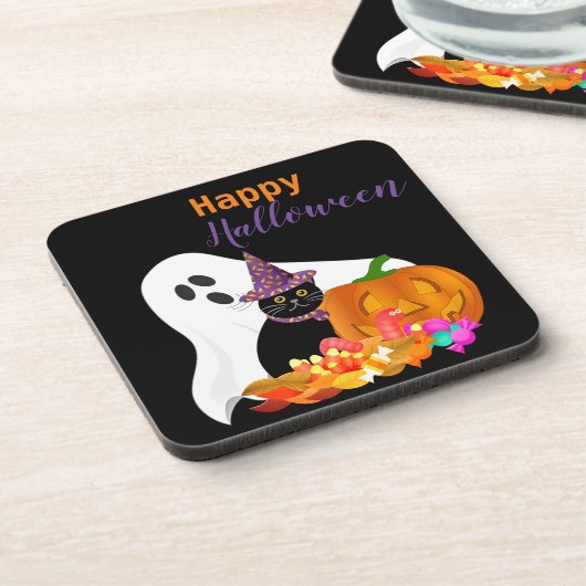 Happy Halloween Ghost en Black Cat Plastic Bier Onderzetter (Linkerzijde)