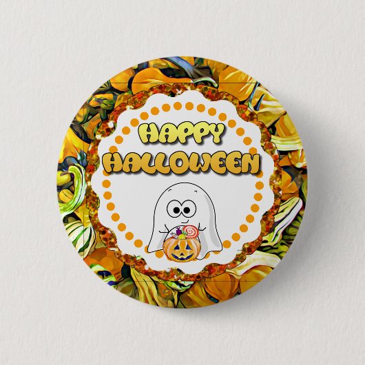 Happy Halloween Ghost en Gourds Button (Voorkant)