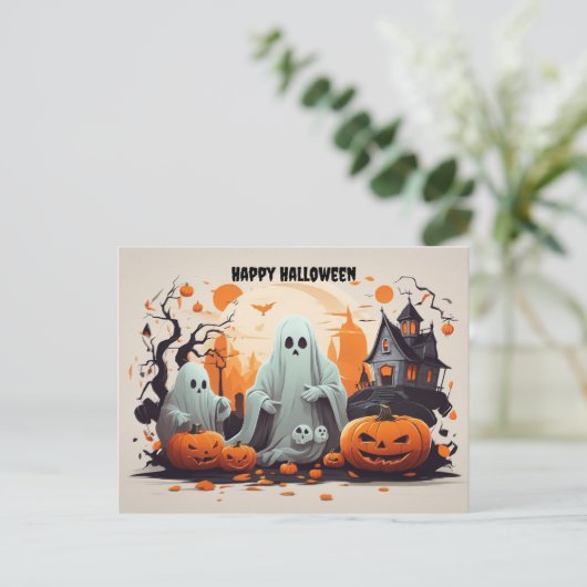 Happy Halloween Ghost en Pumpkins Feestdagenkaart (Staand voorkant)