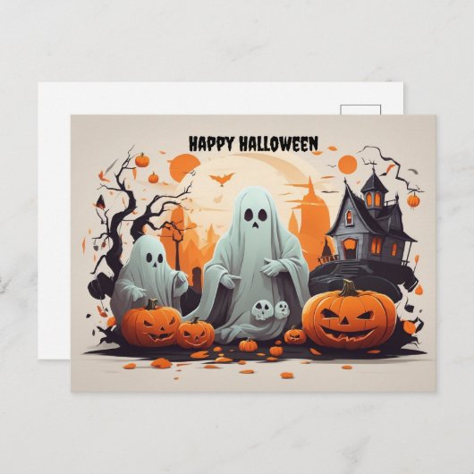 Happy Halloween Ghost en Pumpkins Feestdagenkaart (Voorkant / Achterkant)