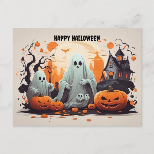 Happy Halloween Ghost en Pumpkins Feestdagenkaart (Voorkant)