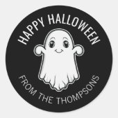 Happy Halloween Ghost Glimlachend Aangepaste Tekst Ronde Sticker (Voorkant)