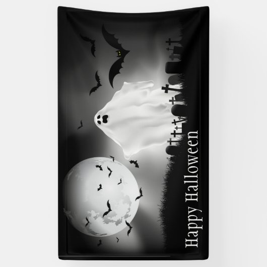 Happy Halloween Ghost in Graveyard Spandoek (Verticaal)