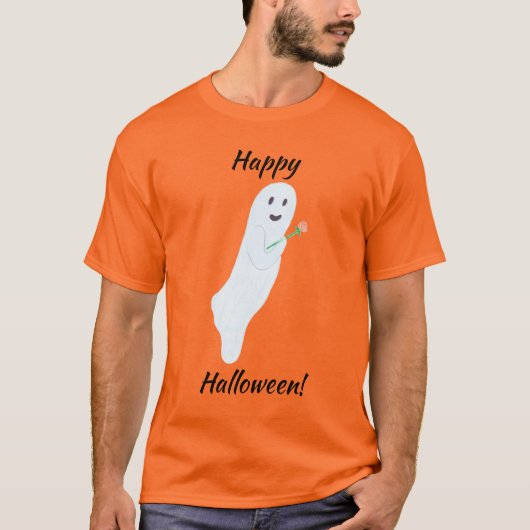 Happy Halloween Ghost met Oranje Roos Tshirts (Voorkant)