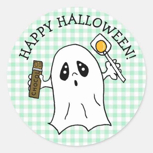 Happy Halloween Ghost met Snoep Ronde Sticker (Voorkant)