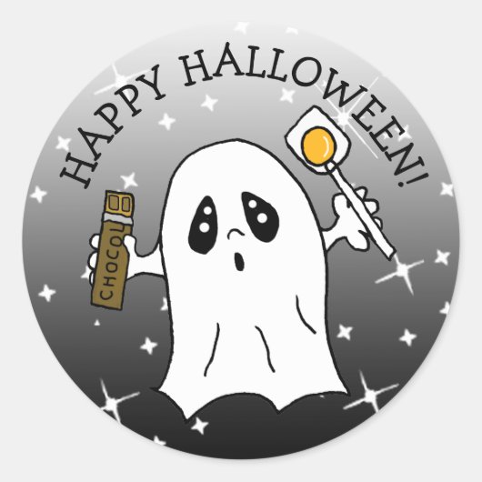 Happy Halloween Ghost met Snoep Ronde Sticker (Voorkant)