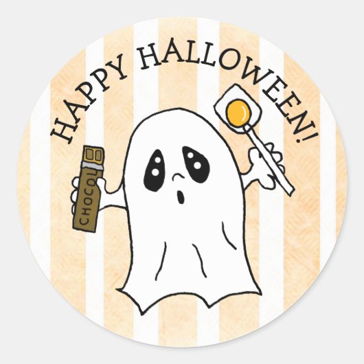 Happy Halloween Ghost met Snoep Ronde Sticker (Voorkant)