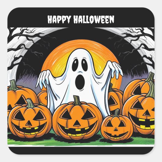 Happy Halloween Ghost Vierkante Sticker (Voorkant)