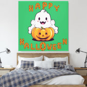 Happy Halloween Ghost zittend op een pompoen Canvas Afdruk (Insitu (Slaapkamer))