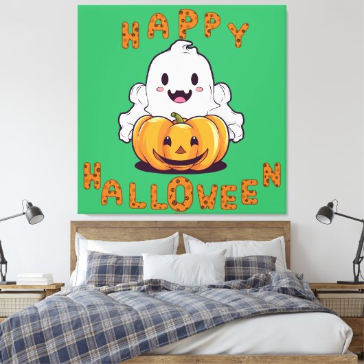 Happy Halloween Ghost zittend op een pompoen Canvas Afdruk (Insitu (Slaapkamer))