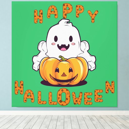 Happy Halloween Ghost zittend op een pompoen Canvas Afdruk (Insitu (Houten vloer))