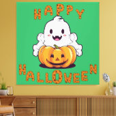 Happy Halloween Ghost zittend op een pompoen Canvas Afdruk (Insitu (Woonkamer))