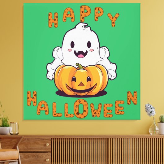 Happy Halloween Ghost zittend op een pompoen Canvas Afdruk (Insitu (Woonkamer))