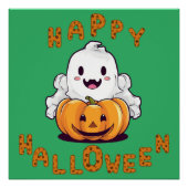 Happy Halloween Ghost zittend op een pompoen Perfect Poster (Voorkant)