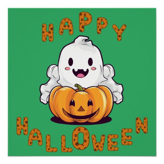 Happy Halloween Ghost zittend op een pompoen Perfect Poster (Voorkant)