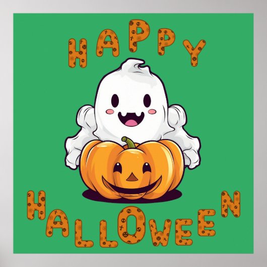 Happy Halloween Ghost zittend op een pompoen Poste Poster (Voorkant)