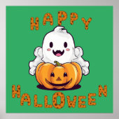 Happy Halloween Ghost zittend op een pompoen Poster (Voorkant)