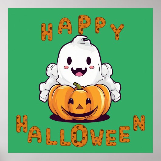 Happy Halloween Ghost zittend op een pompoen Poster (Voorkant)