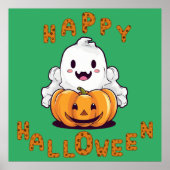 Happy Halloween Ghost zittend op een pompoen Poster (Voorkant)