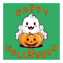 Happy Halloween Ghost zittend op een pompoen