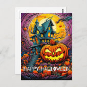 Happy Halloween | Gloeiende misdragende pompoen Briefkaart (Voorkant / Achterkant)