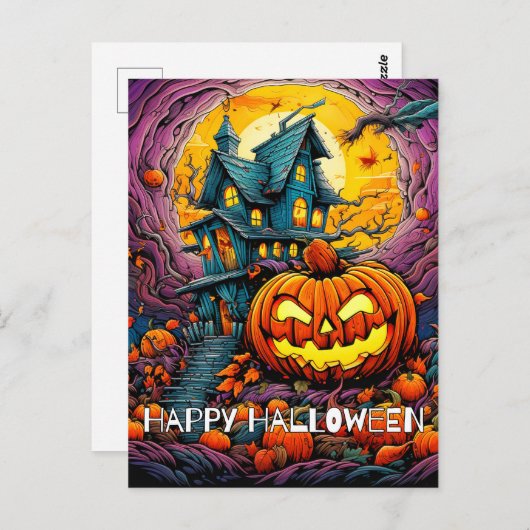 Happy Halloween | Gloeiende misdragende pompoen Briefkaart (Voorkant / Achterkant)