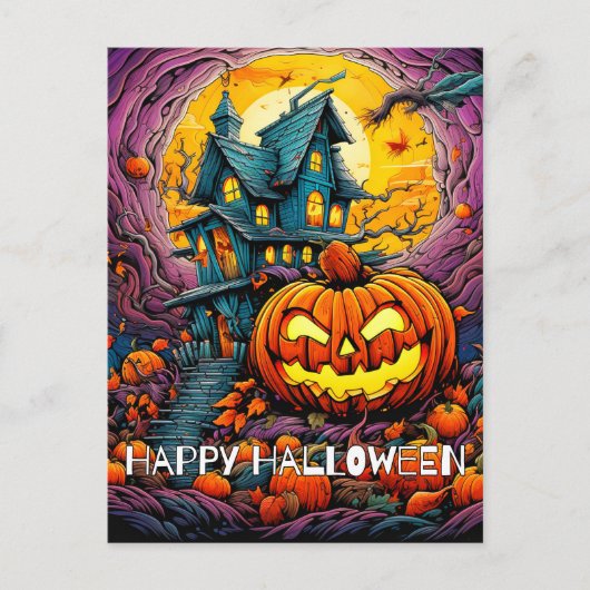 Happy Halloween | Gloeiende misdragende pompoen Briefkaart (Voorkant)