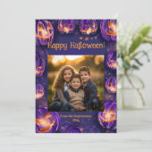 Happy Halloween Glowing Night Pumpkins Fotokaart Feestdagenkaart (Staand voorkant)