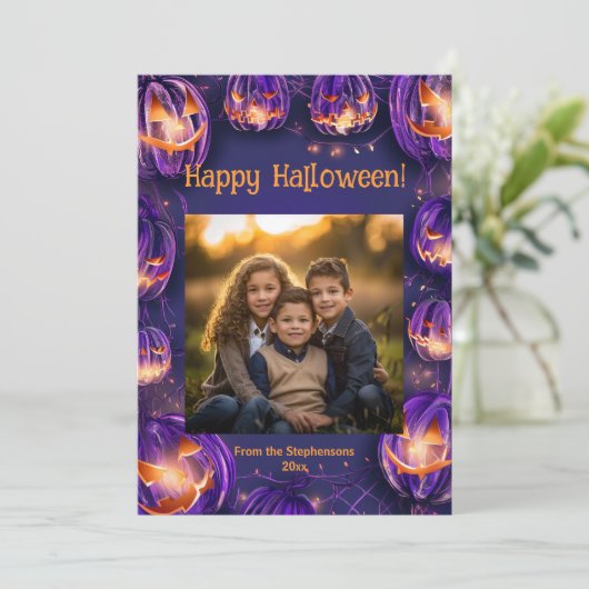 Happy Halloween Glowing Night Pumpkins Fotokaart Feestdagenkaart (Staand voorkant)