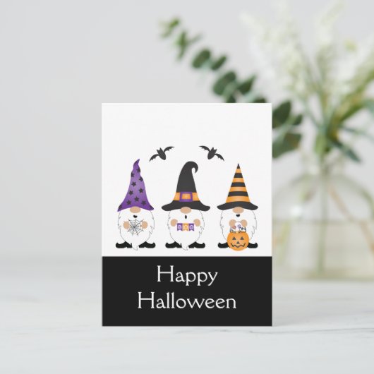 Happy Halloween Gnomes Paars Sinaasappel Briefkaart (Staand voorkant)