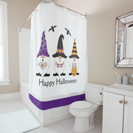 Happy Halloween Gnomes Paars Sinaasappel Douchegordijn (In situ)