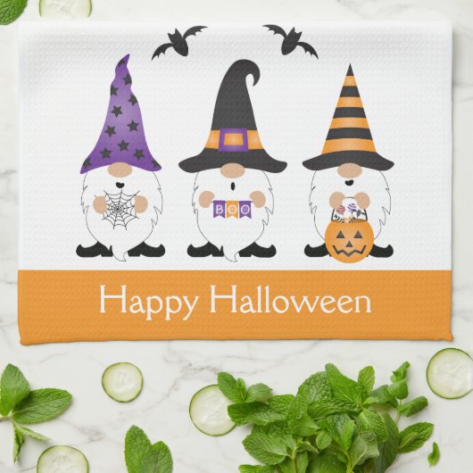 Happy Halloween Gnomes Paars Sinaasappel Theedoek (Gevouwen)