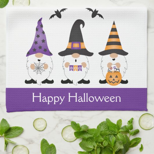 Happy Halloween Gnomes Paars Sinaasappel Theedoek (Gevouwen)